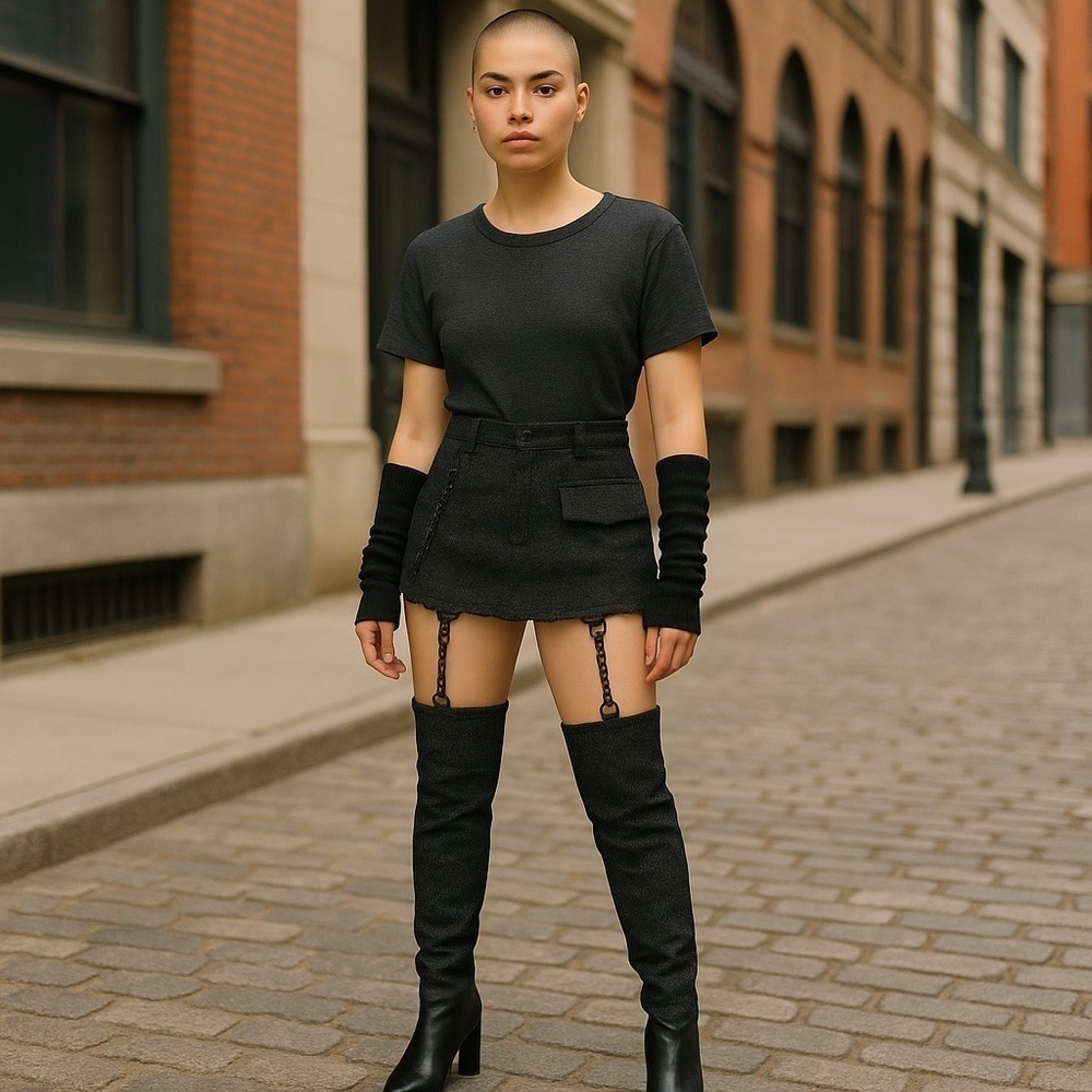 DOLLS KILL DARKER WAVS BLACK WASHED CARGO MINI SKIRT CHAIN GARTER LEG WARMERS
